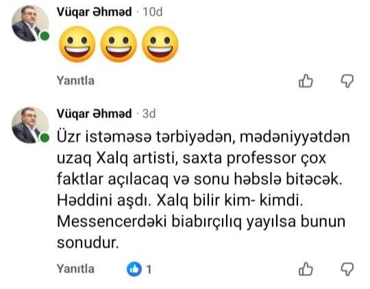 Xalq artistini həbslə hədələyən Vüqar Əhməd yazılanların ona aid olmadığını iddia etdi